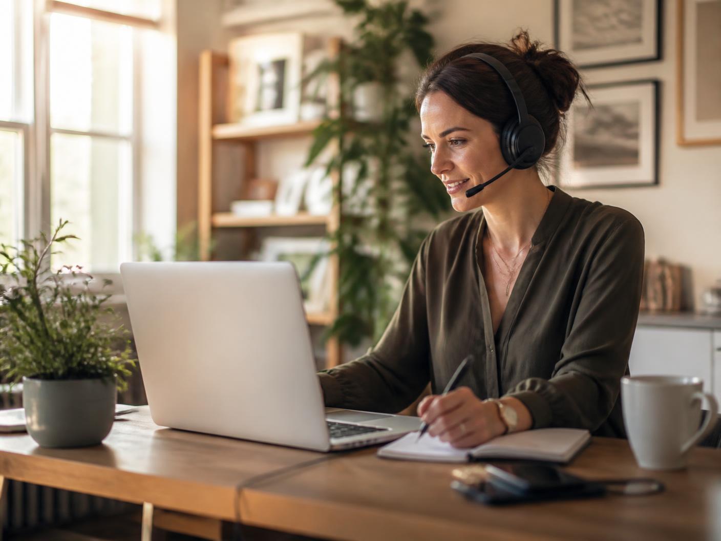 Woman with a headset working from a home office desk
