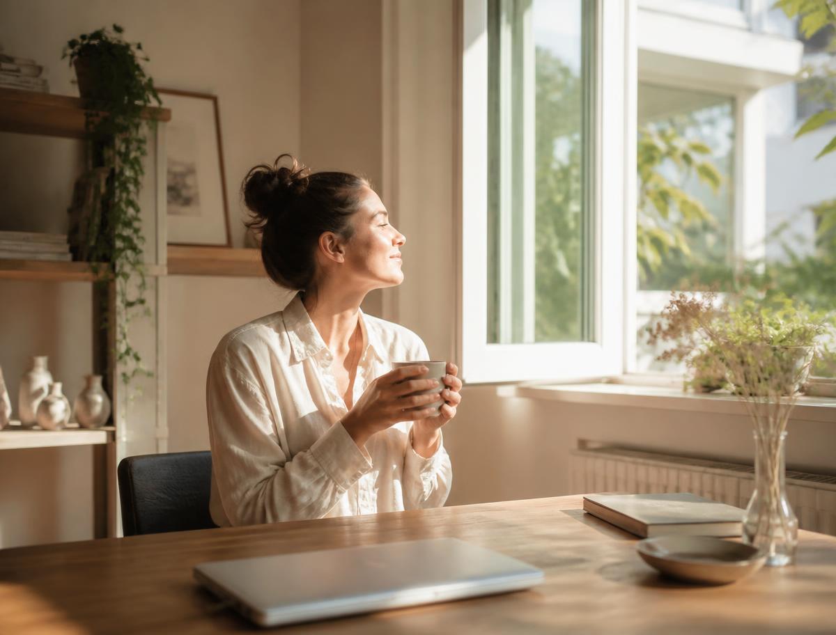 Person enjoying a coffee break at home between shifts